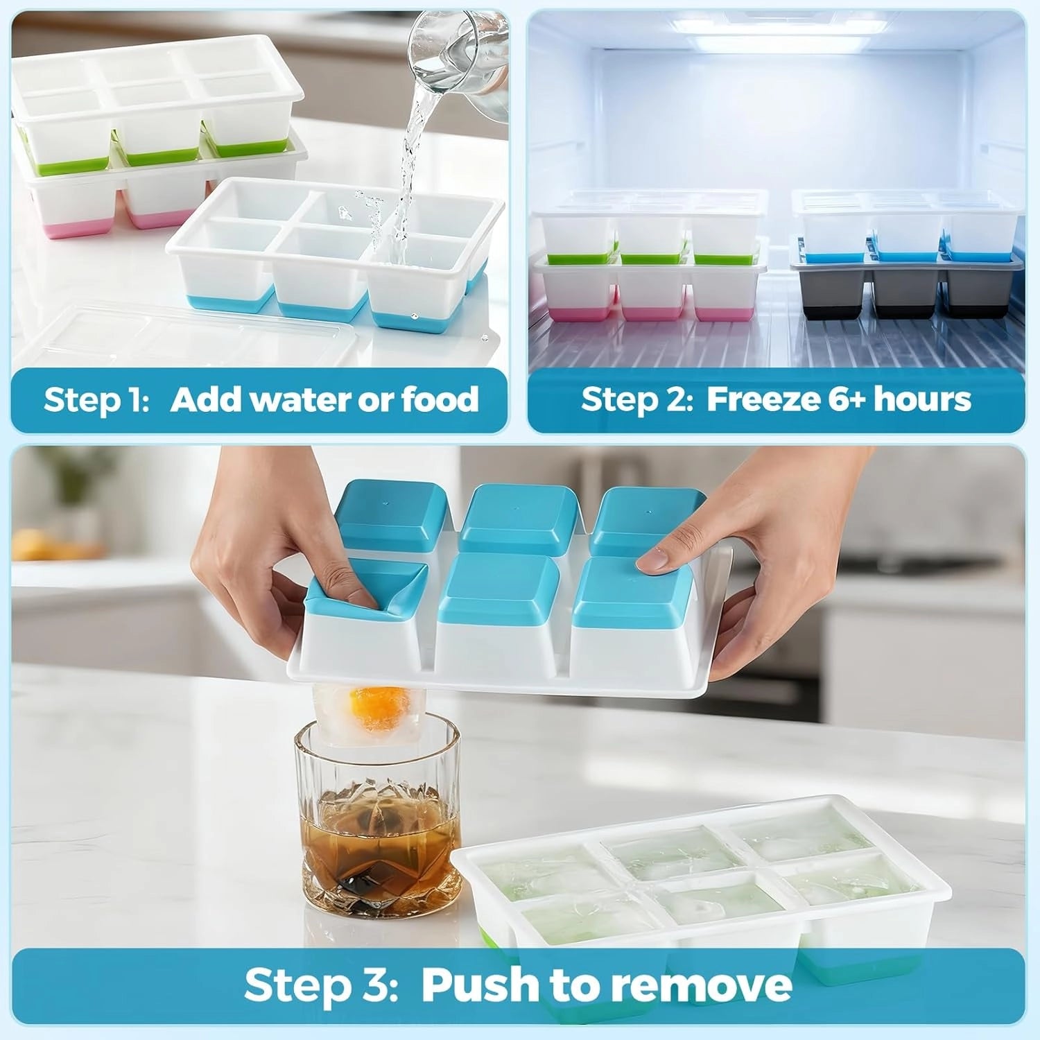 Large Ice Cube Trays (2-Pack) – Easy-Release 2.4″ Silicone Whiskey Ice Molds with Lid